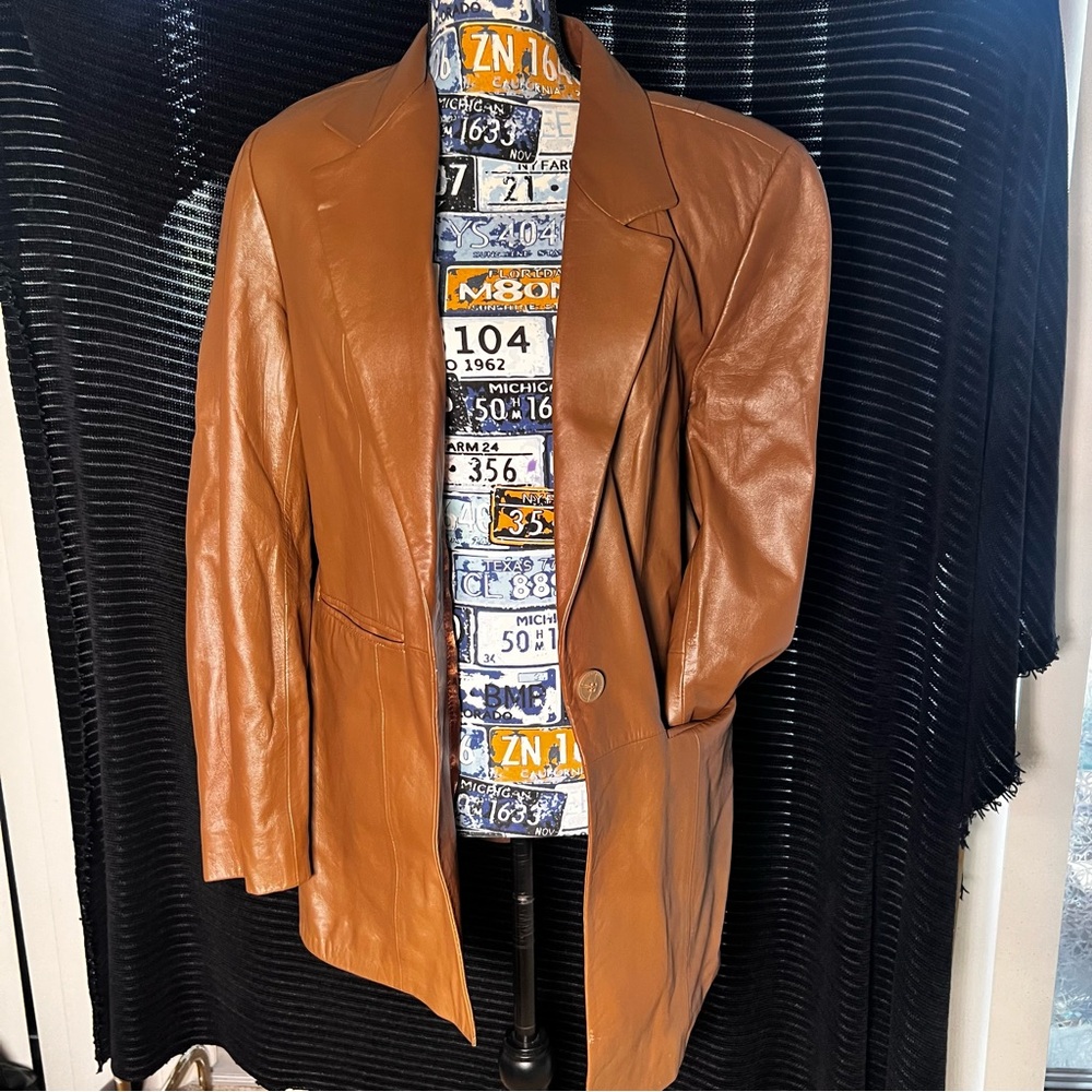 Denim&Co Genuine Leather Blazer Jacket - Medium, Caramel - Picture 2 of 8